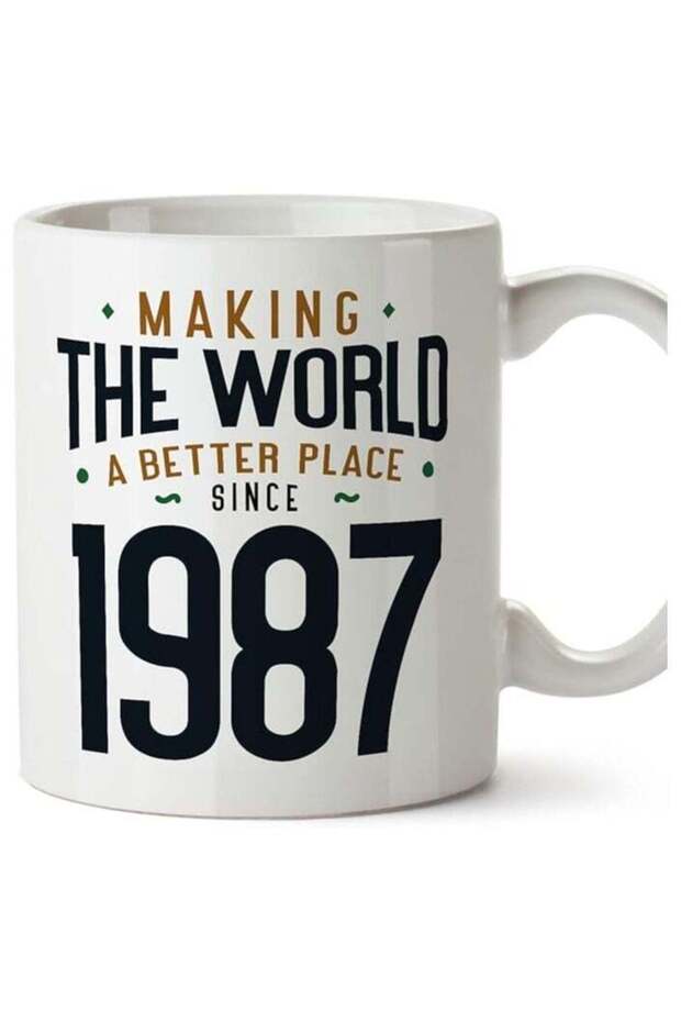 1987 Birthday Mug - in English - Making The World a Better Place - Funny Anniversary Present - 11 oz