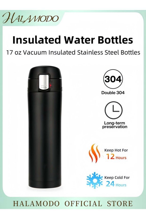 Sleek Matte Black Vacuum Insulated Stainless Steel Travel Mug One-Handed Flip Lid Leak-Proof Water Bottle for All-Day Hot & Cold Beverage Use