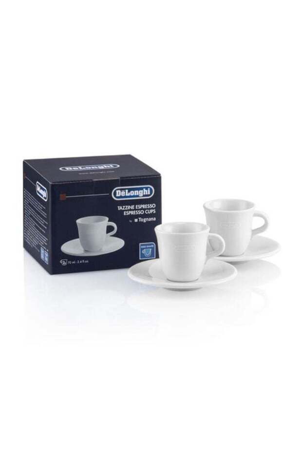 De'Longhi Ceramic Espresso Cups Set of 2 – Handmade White Porcelain with Saucers, Egg-Shaped Interior for Creamy Espresso, 70ml, Microwave & Dishwasher Safe"