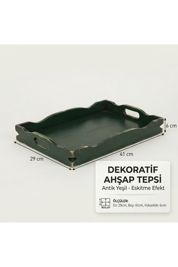 Hand Painted Antique Wooden Decorative Tray - Antique Green Coffee Presentation Tray (29X41X6 cm)