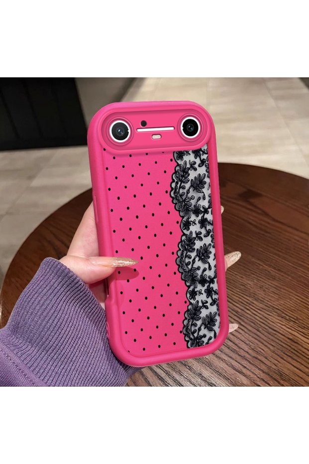 حافظة سيليكون وردية حمراء متوافقة مع هاتف Tecno Pova Slim، مقاومة للصدمات، حماية للكاميرا، نمط دانتيل منقط