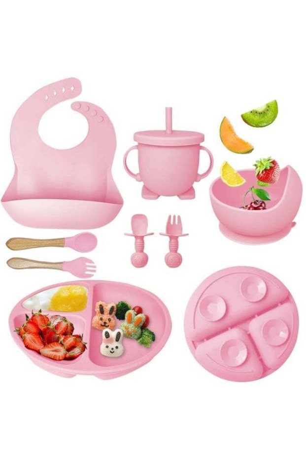 Baby Feeding Set, Baby Led Weaning Supplies with Suction Bowl Divided Plate, Toddler Self Feeding Dish Set with Spoons Forks Sippy Cup Adjustable Bib, Eating Utensils for 6+ Months