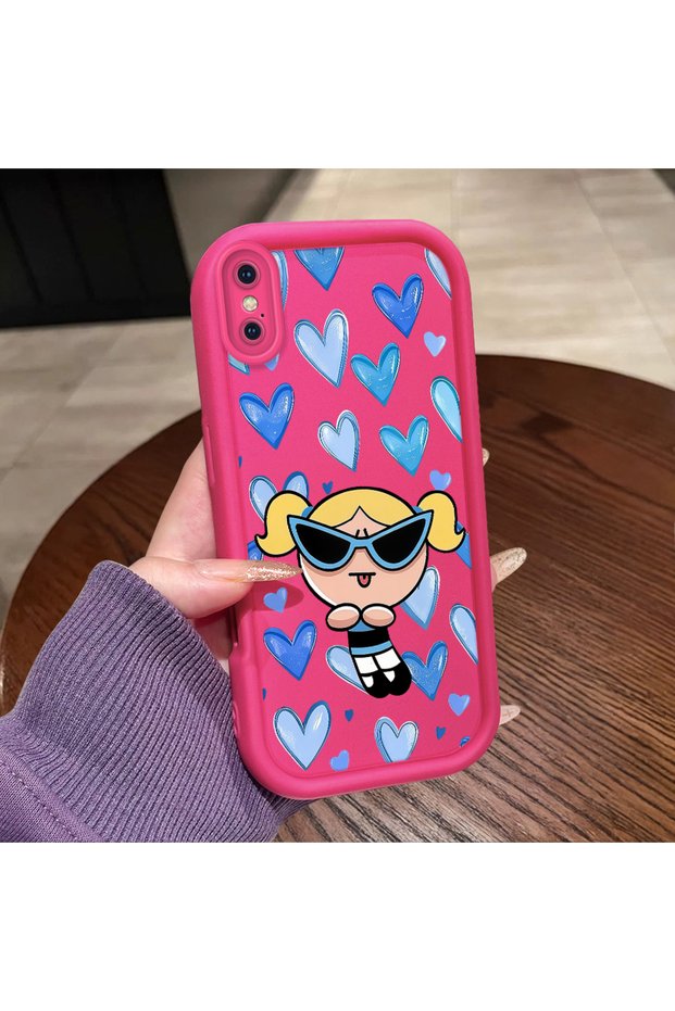 iPhone XS Max Compatible Pink Red Silicone Case Shockproof Camera Protection Heart Powerpuff Girls Patterned
