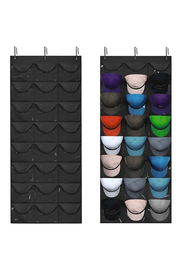 24 Pocket Baseball Hat Rack, Door and Wall Cap Organizer with Clear Deep Pockets Wall Mount Bag for Baseball Caps and Hats