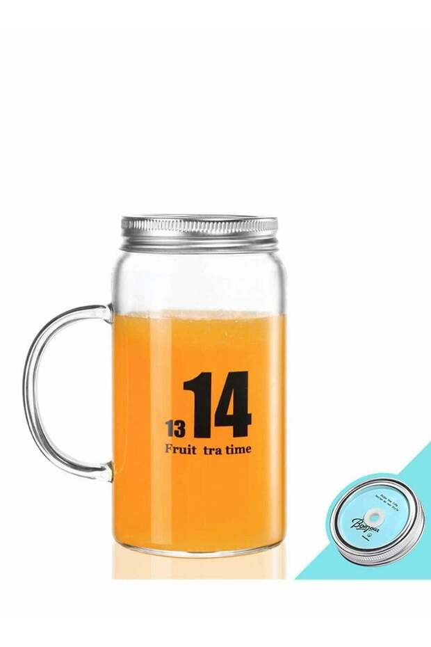 Glass Mug, Drinking Bottle Jar with Handles, Reusable Glass Water Bottle, Wide Mouth Clear Drinking Glass Bottle with Colored Lids for Juicing, Water, Tea, 16 Oz