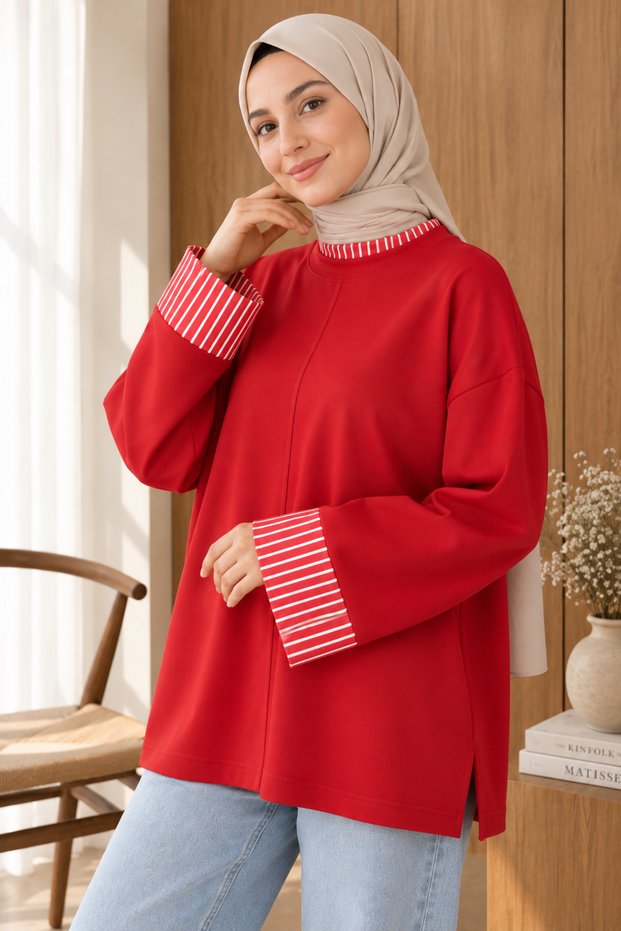 Striped Cuff Detailed Oversize Sweatshirt Tunic