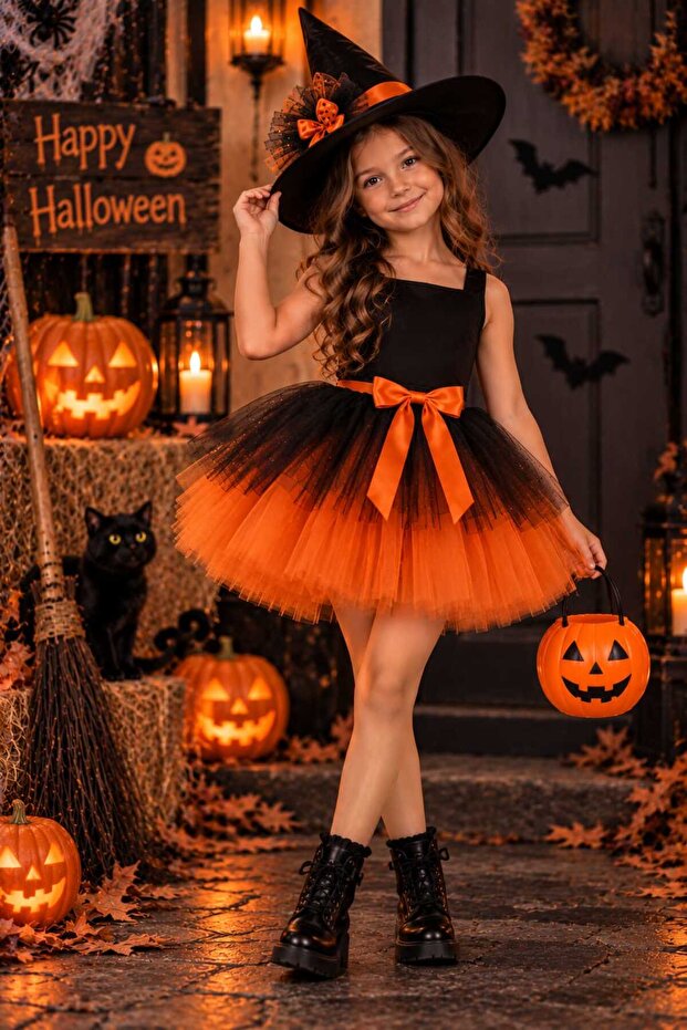 Halloween Bow Detailed Two-Tone Layered Fluffy Girls Tutu Skirt