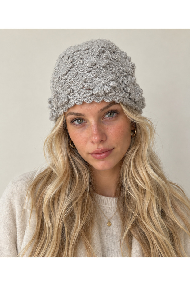 Hand Knitted Women's Beanie Winter Warm Stylish Floral Detail Gray
