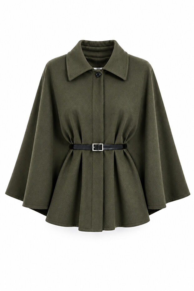 Belted Women's Wool Checked Poncho - Khaki