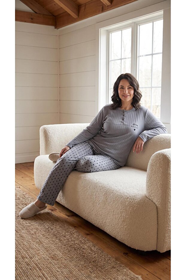 Women's Winter Plus Size Curve Embroidered Patterned Collar Buttoned Long Sleeve Pajama Set