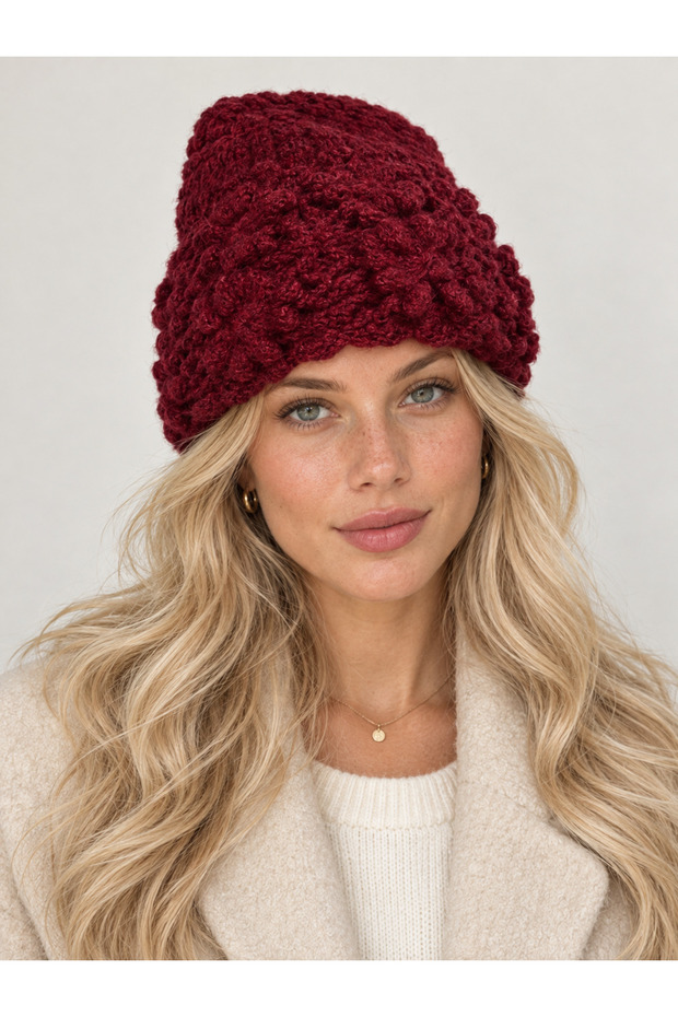 Hand Knitted Women's Beanie Winter Warm Stylish Floral Detail Burgundy