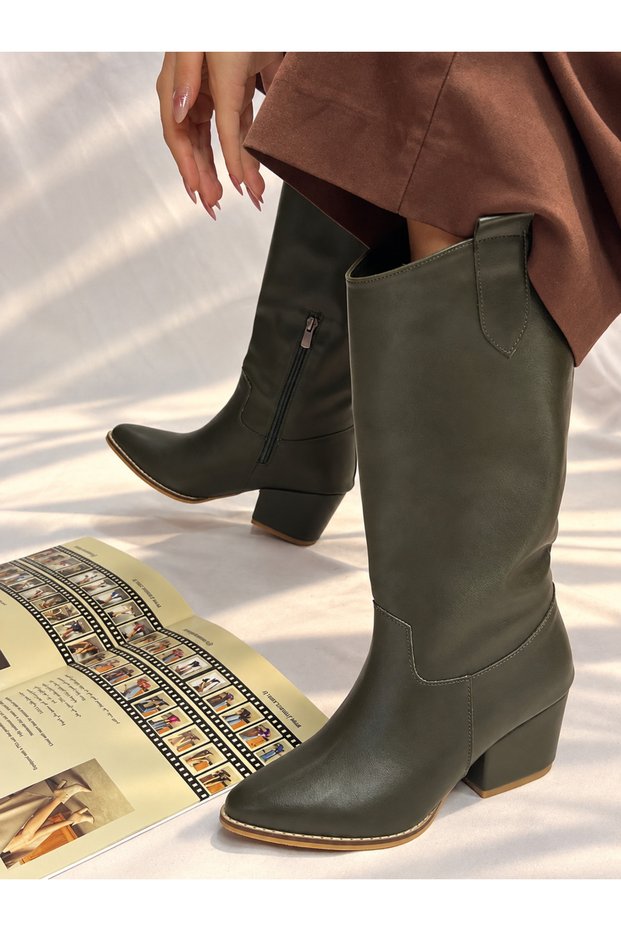 Limona Khaki Imported Leather 6 cm Heel Women's Boots