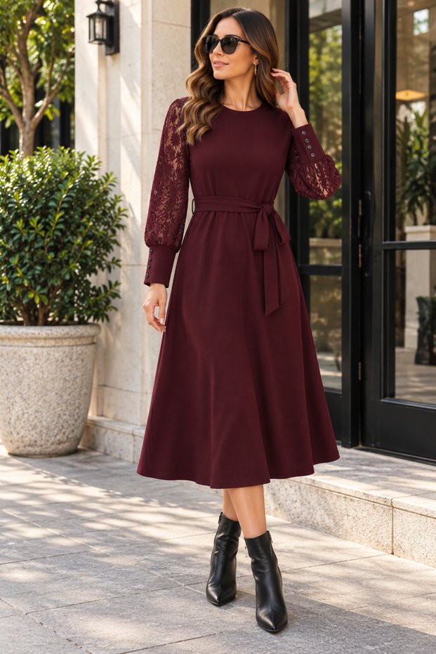 Women's Long Sleeve Lace Sleeve Detailed Belted A-Line Midi Waffle Dress