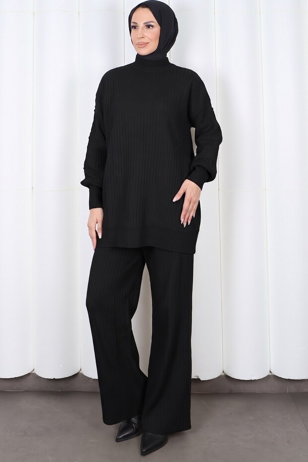 Half Turtleneck Sweater with Sleeve Detail and Trousers Knitwear Set Black Hnt2811