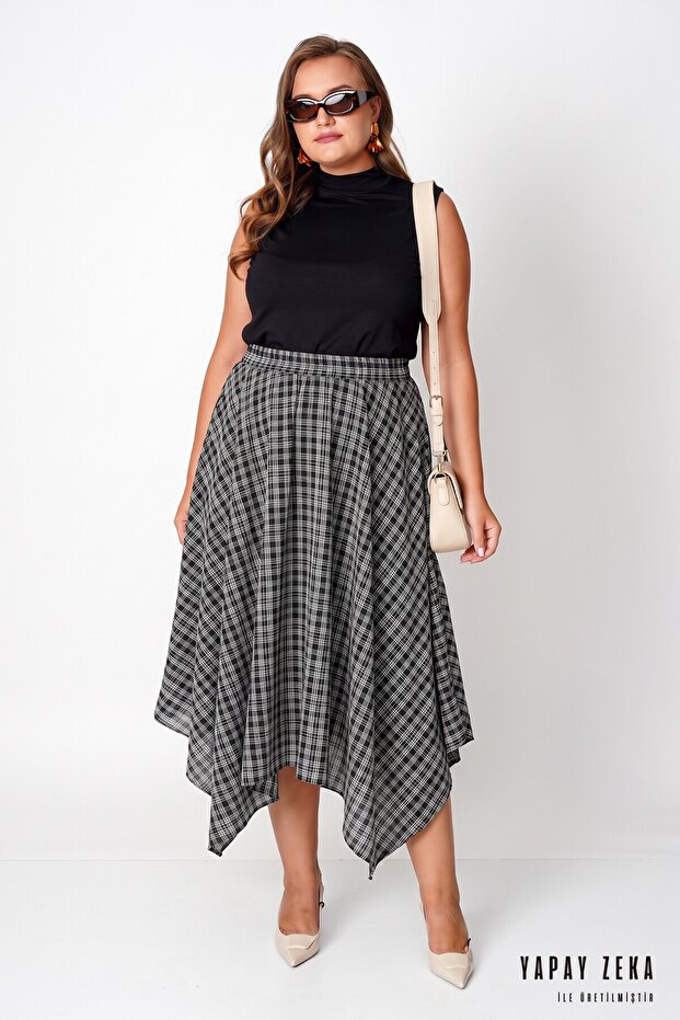 Asymmetric Cotton Plaid Skirt with Elastic Waist