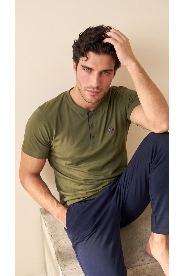 Green Plaid Cotton Lycra Men's Short Sleeve Pajama Set