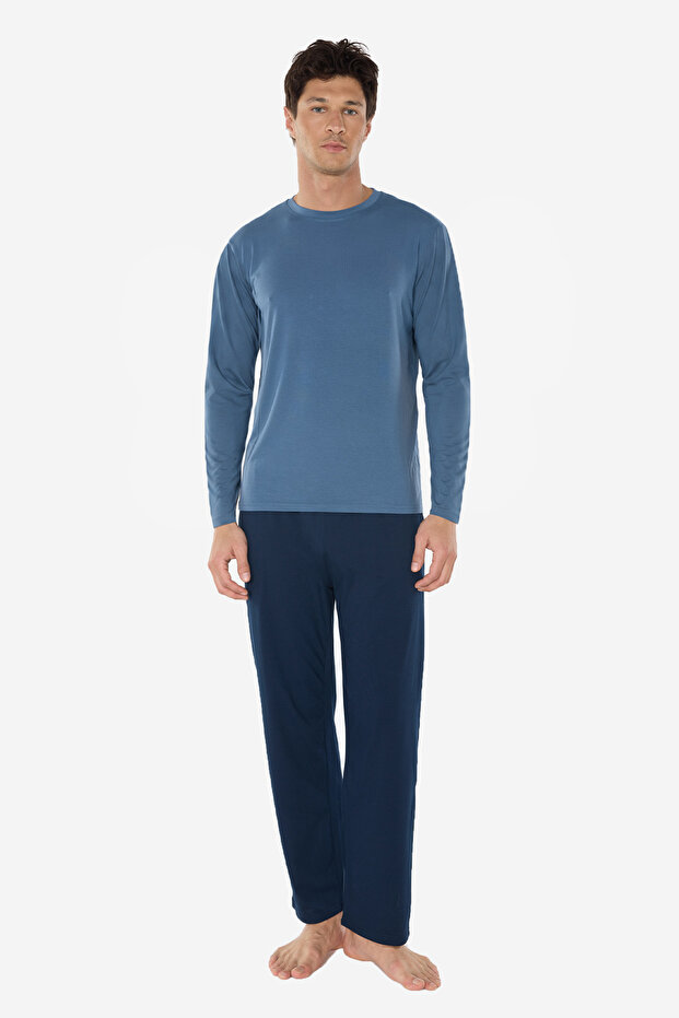 Men's Blue Crew Neck Micro Modal Extra Soft Winter Pajama Set 6032
