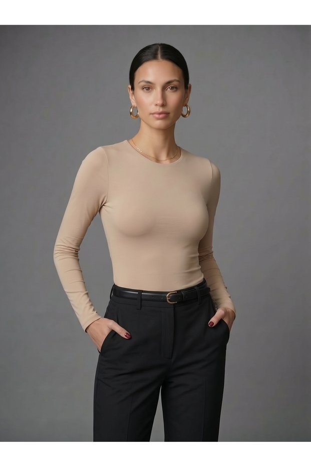 Women's Long Sleeve Crew Neck Snap Fastener Slim Fit Stretchy Bodysuit