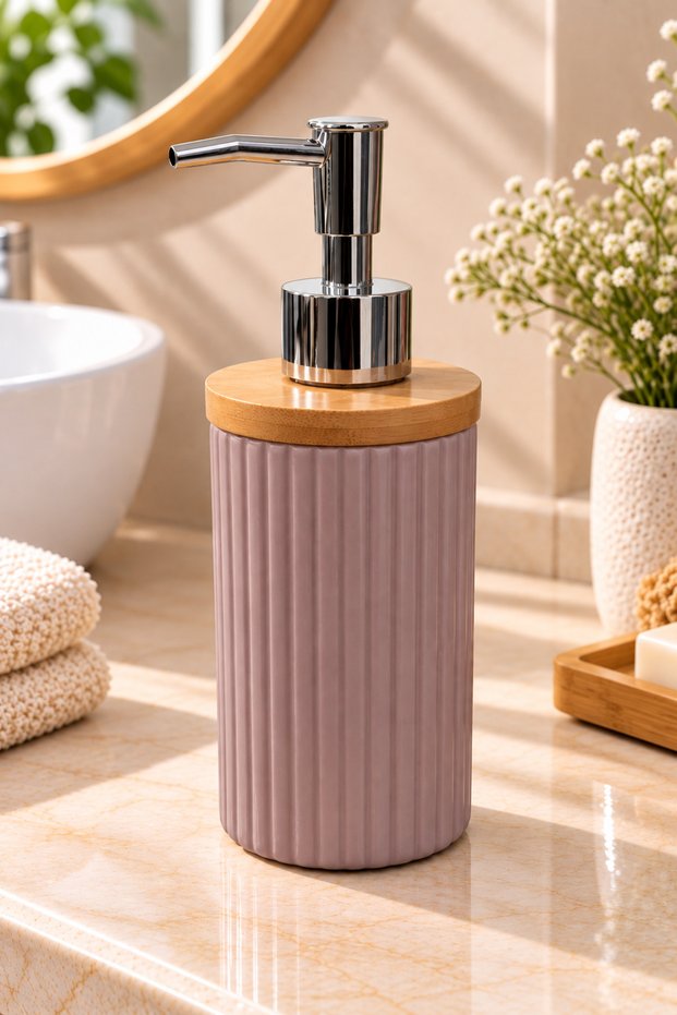 400 ml Liquid Soap Dispenser with Bamboo Lid, Patterned Ceramic, Black Cream Gray Powder Pink, 8X19 cm