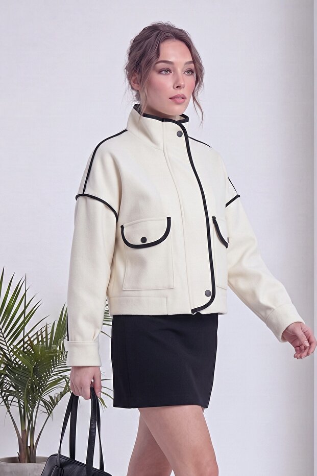 Women's Soft Design Jacket with Piping, Plush Textured Soft Black, Ecru