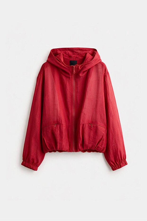 Red Hooded Windproof Jacket with Mesh Lining Per9786