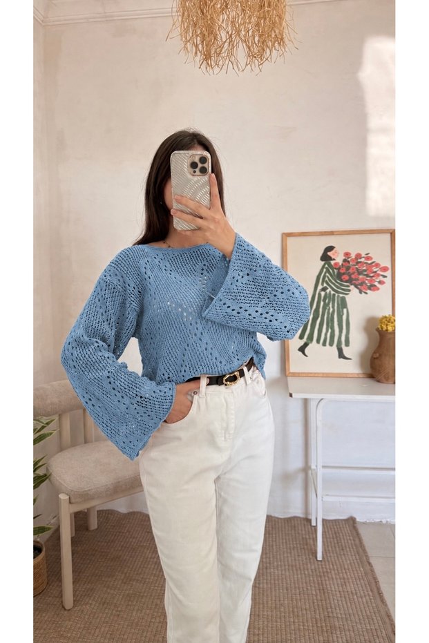 Kayık Yaka Çarkıfelek Openwork Sweater - Blue
