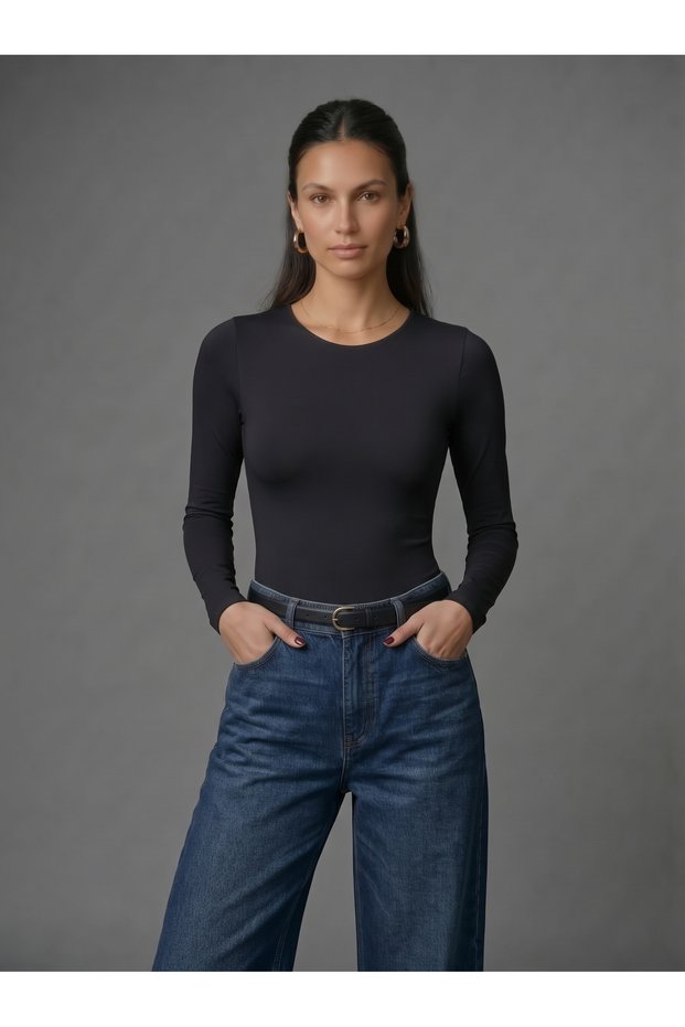 Women's Long Sleeve Crew Neck Snap Fastener Slim Fit Stretchy Bodysuit