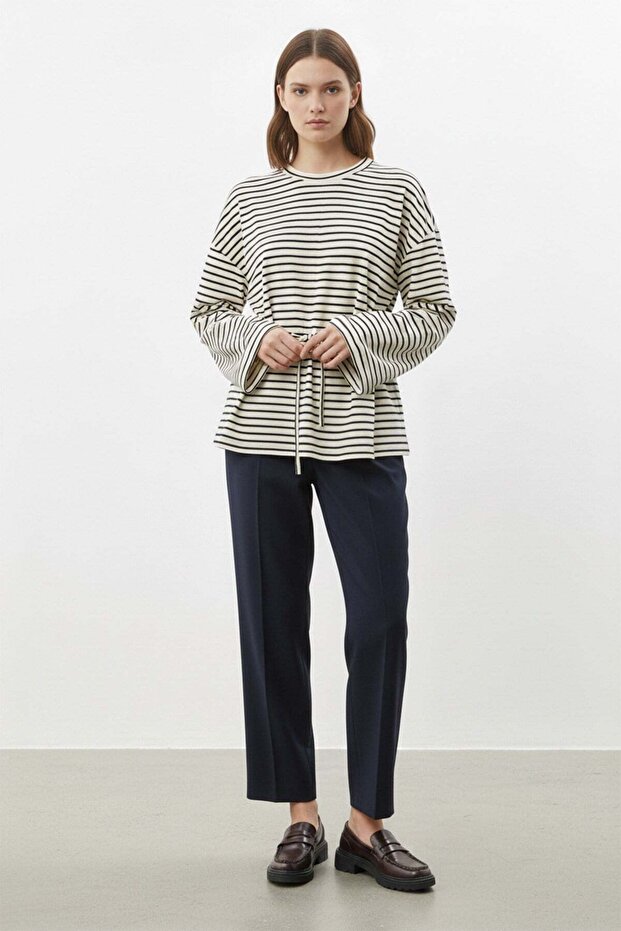 Women's Long Sleeve Striped Waist-Tied Comfortable Cut Tunic 32484 Dark Blue