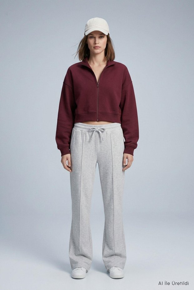 Wide Leg Sweatpants with Elastic Waist 9218m Gray Melange
