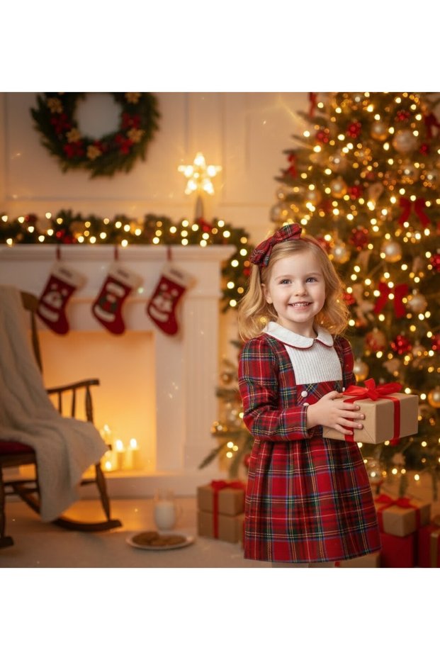Elena– Red Plaid Baby Girl Dress |   New Year's Dress for Ages 2-5 - with Hairband as a Gift