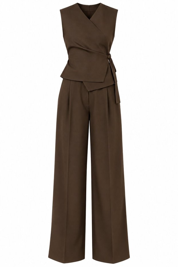 Brown Donna Double-Breasted Collar Vest and Trousers Set - 3Y8496