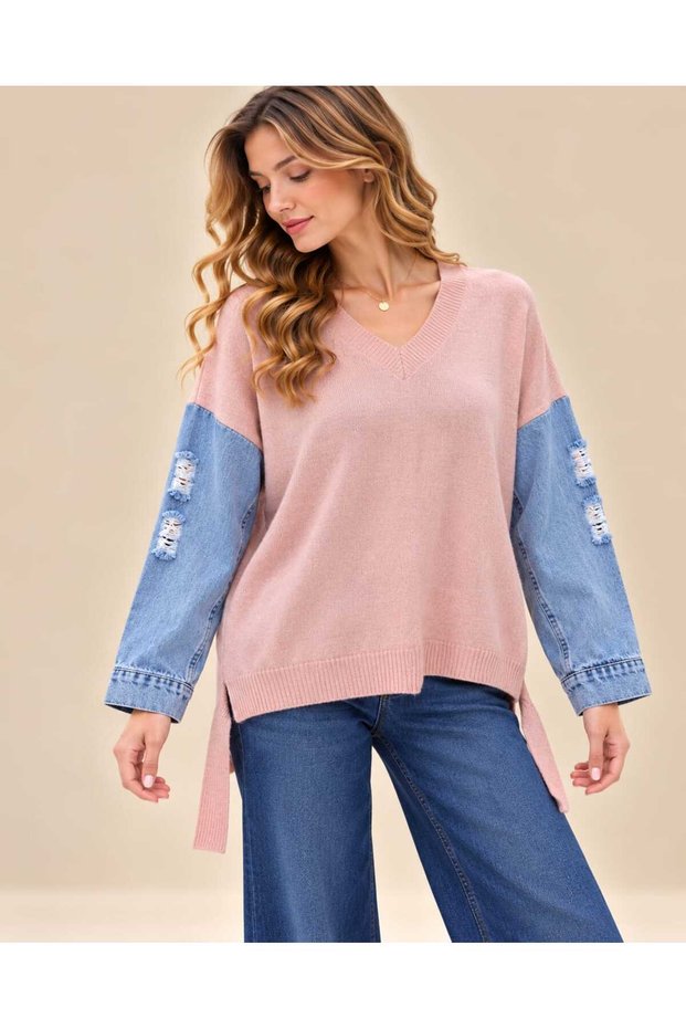 New Season Premium Quality Denim Sleeves V-Neck Oversize Knitwear Sweater