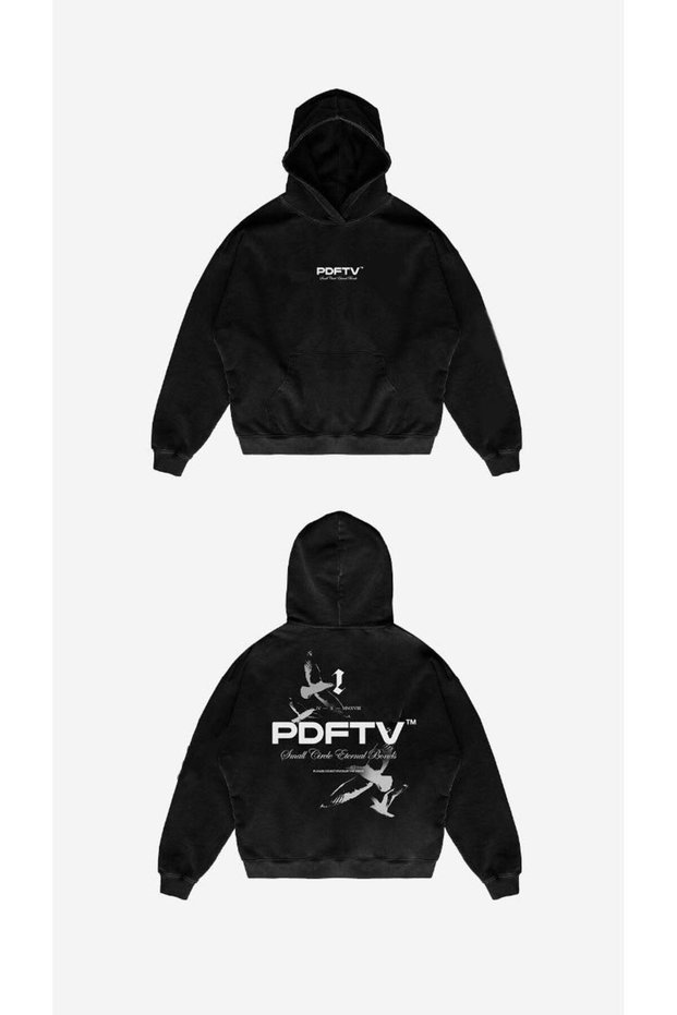 Black Pdftv Front-Back Printed Oversize Hooded Sweatshirt