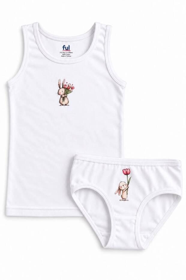 Girl's 2-Piece Underwear Set, Off-White Rabbit Print, 2-Piece Undershirt and Panties Set, Cotton Kids' 2-Piece Set, Patterned 2-Piece Underwear, Gift Underwear 2Tkm-20-B