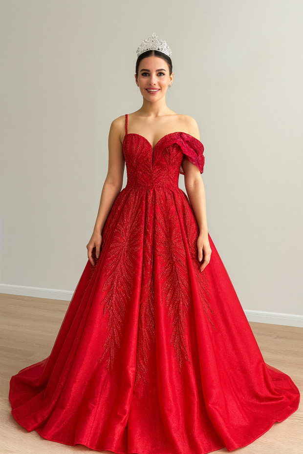 Red One-Shoulder Engagement Henna Dress Evening Gown