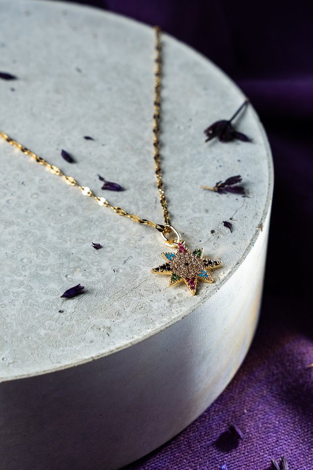 Women's Gold Color Colorful Zircon Stone Star Figured Elegant Necklace
