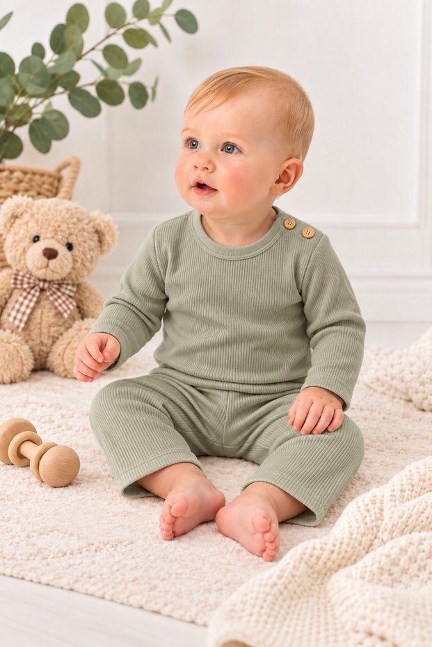 100% Cotton Ribbed Long Sleeve Thick Girls Boys Unisex Bottom Top Set Pajamas Home Wear