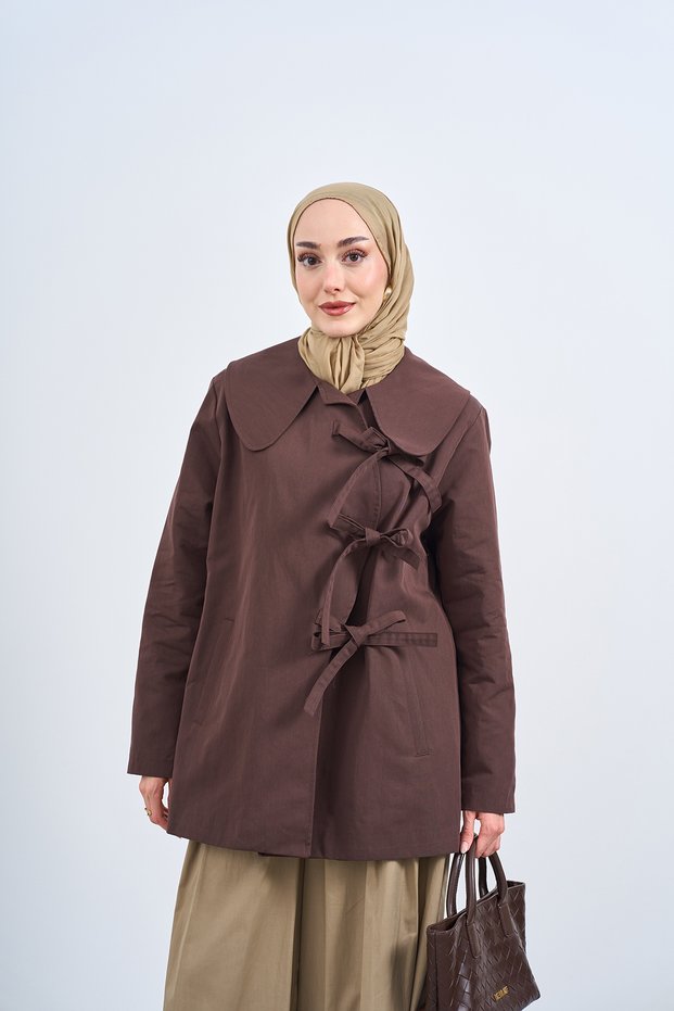 Women's Front Tie Double Pocket Baby Collar Jacket Brown