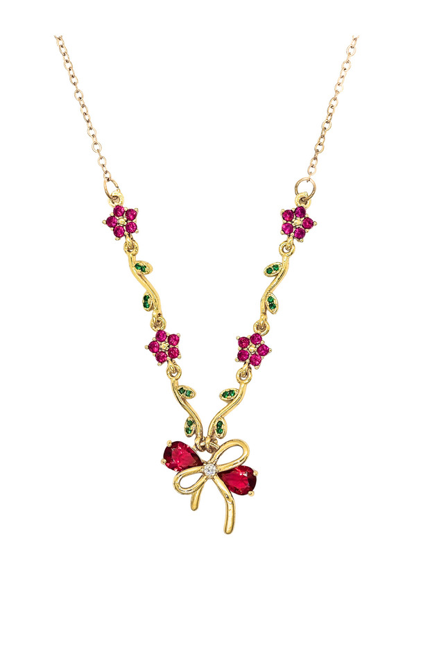 Women's Gold Color Flower Bow Detailed Zircon Stone Elegant Necklace Valentine's Day Birthday Gift