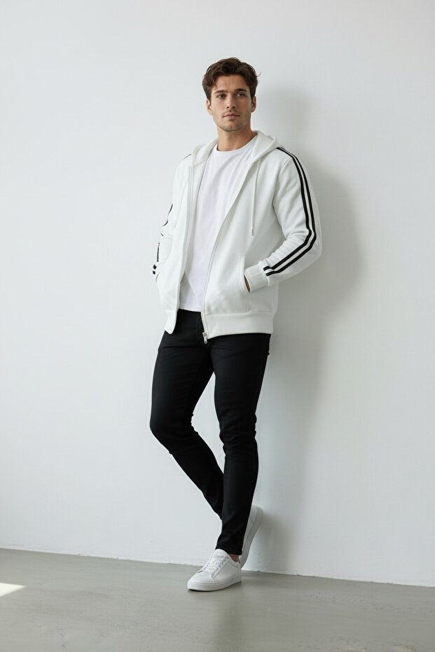 Men's White Oversize Cardigan with Stripe Detail and Hood