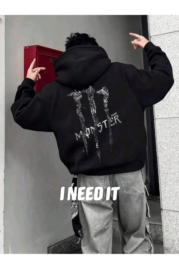 Black Monster Back Printed Oversize Hooded Sweatshirt