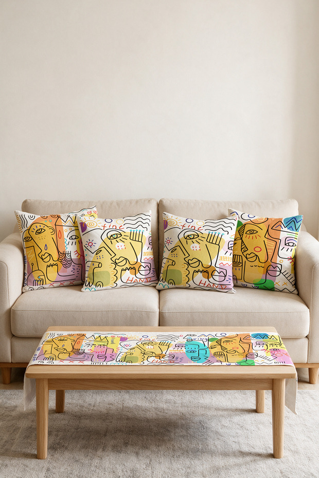 Cream Doodle Abstract Faces Double-Sided Print Suede 5 Piece Living Room Set - 4 Cushion Covers 43X43 cm + Runner 140X40 cm