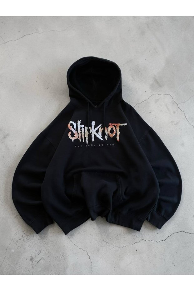 Black Slipknot Printed Oversize Hooded Sweatshirt