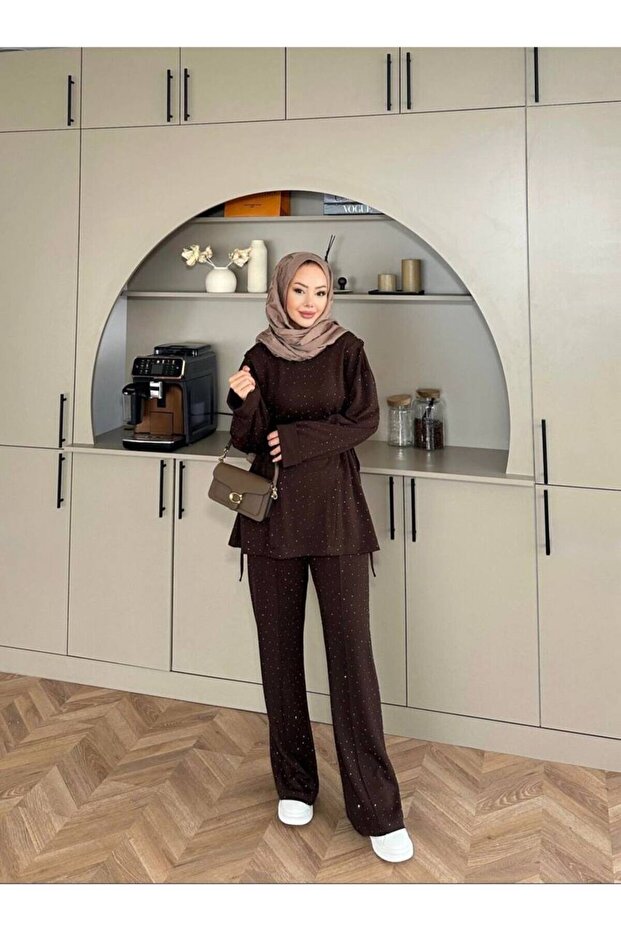 Women's Black Modal Fabric Stone Double Suit | Hijab Suit |