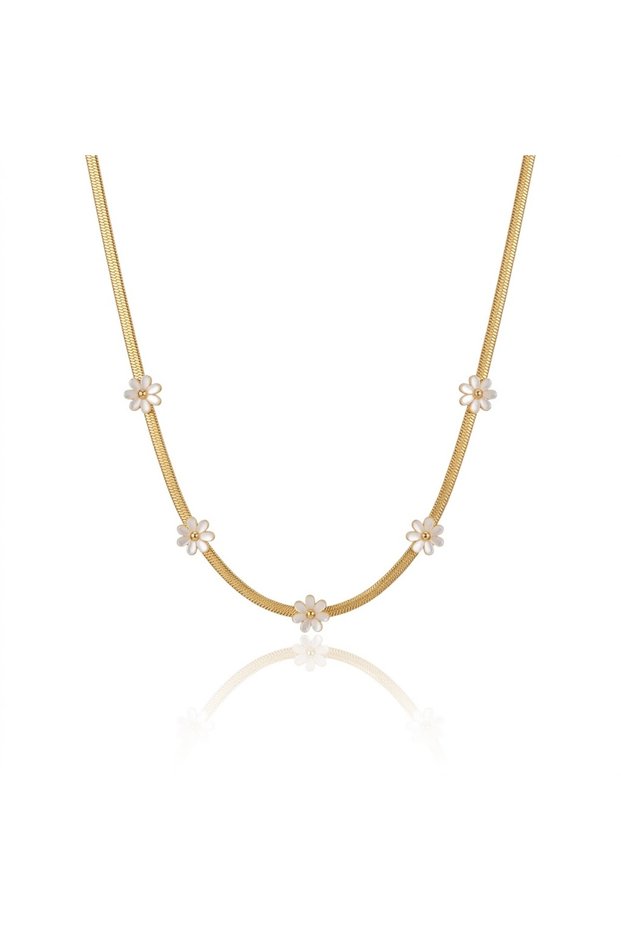 Gold plated stainless steel Snake Chain Daisy Necklace – Elegant Flat Snake Chain Choker with fresh water Pearl Floral Charms for Women & Girls – Waterproof & Tarnish-Free Jewelry Gift