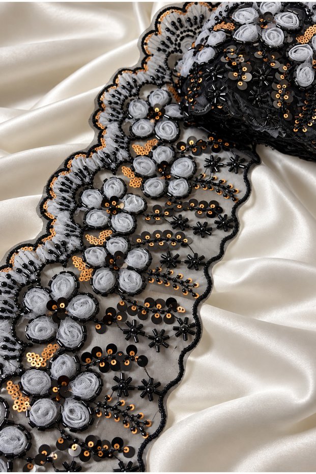 Floral Sequin and Beaded Lace Appliqué Ribbon [1 meter]