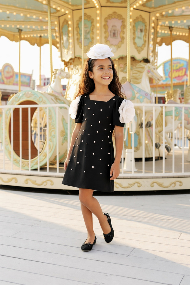 3-7 Years Old Girls' Elegant Flower Sleeved Dress - Black