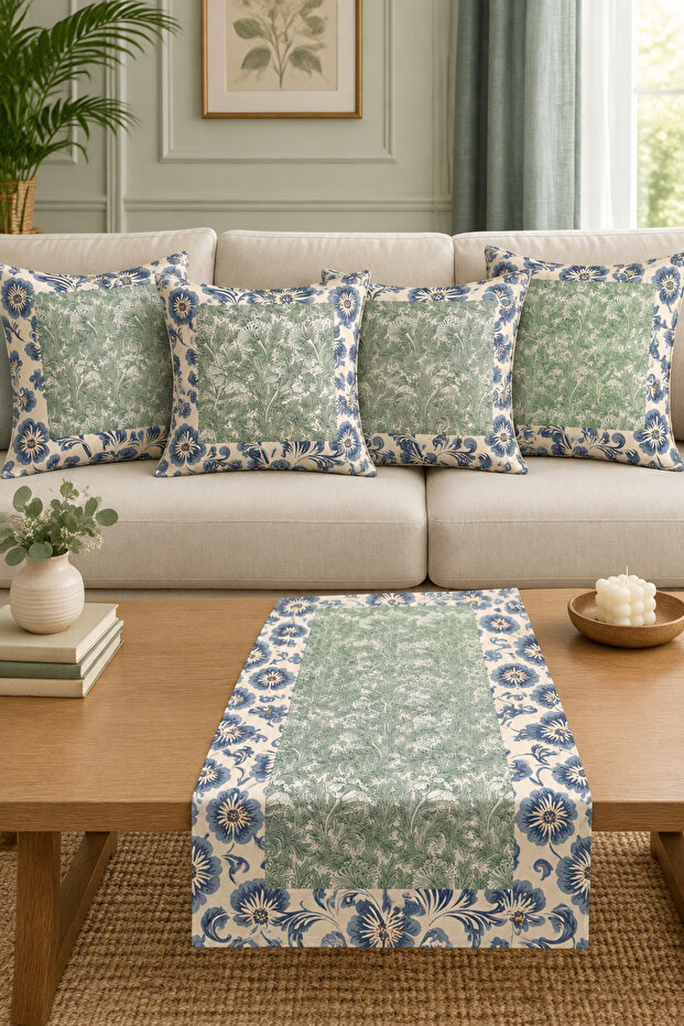 Green Blue Floral Double-Sided Printed Suede 5-Piece Living Room Set - 4 Cushion Covers 43X43 cm + Runner 140X40 cm