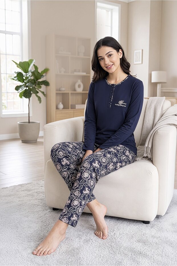 Women's navy blue 100% pure cotton long sleeve pajama set, comfortable fit, buttoned collar, pocket detailed