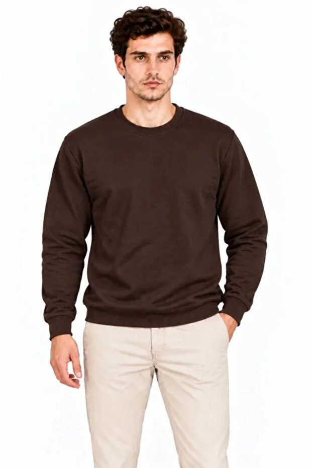 Men's crew neck fleece-lined 2-thread plain long sleeve regular fit sweatshirt - brown